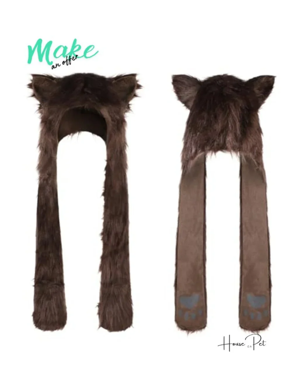 Faux Fur Animal Hood 3-in-1 Winter Scarf Gloves Set with Ears Paws